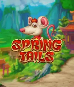 A charming illustration of a mouse wearing a red traditional Chinese outfit standing in a vibrant mountain backdrop. The image promotes the Spring Tails game by Betsoft, highlighted with striking red and gold logo lettering.