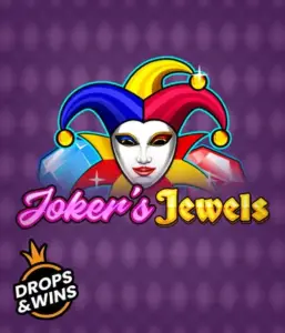 Discover the playful world of the Joker's Jewels game by Pragmatic Play, featuring a mesmerizing joker's mask decorated with a multicolored jester hat. This graphic captures the joyful spirit of casino gaming, set against a deep purple background. Perfect for casino game enthusiasts, offering a thrilling adventure. 