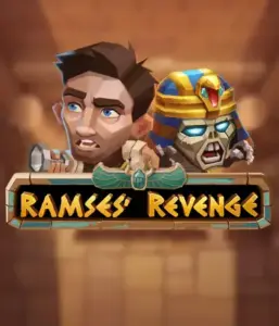 Explore the thrilling world of the Ramses' Revenge game by Relax Gaming, featuring a startled explorer and a terrifying mummy set against an Egyptian tomb backdrop. This graphic captures the excitement of ancient Egyptian myths, ideal for fans of Egyptian-themed slots, delivering a thrilling gaming experience. 